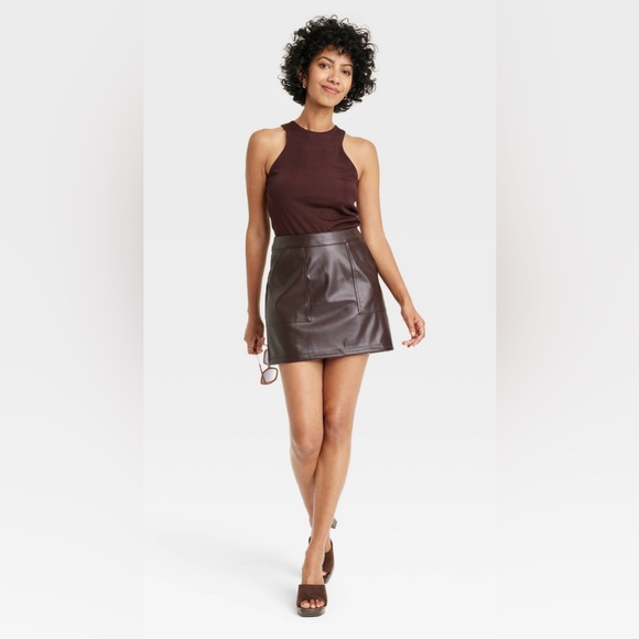 Women’s Mini Faux Leather Skirt - A New Day Brown Size Large - Picture 2 of 4